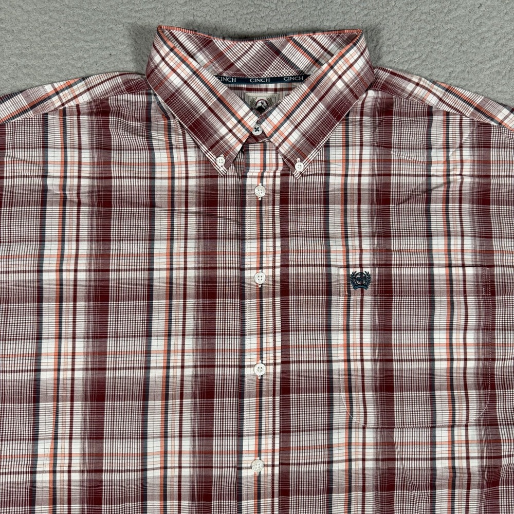 Cinch Shirt Mens Large Red Plaid Button Down Casual Preppy Workwear Cowboy Logo